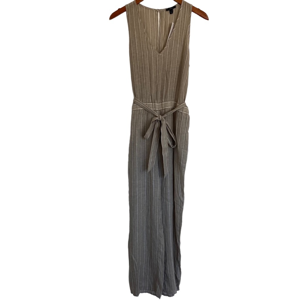 NWT Anthropologie Drew Khaki Striped
Jumpsuit Wide Leg Size Small Tie Waist